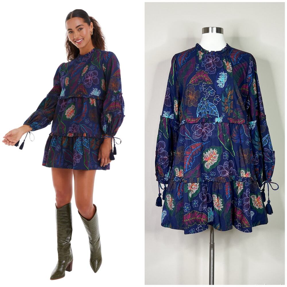 NEW Allison | Navy Floral Leaf Print Cotton Tiered Tassel Sleeve Mini Dress M